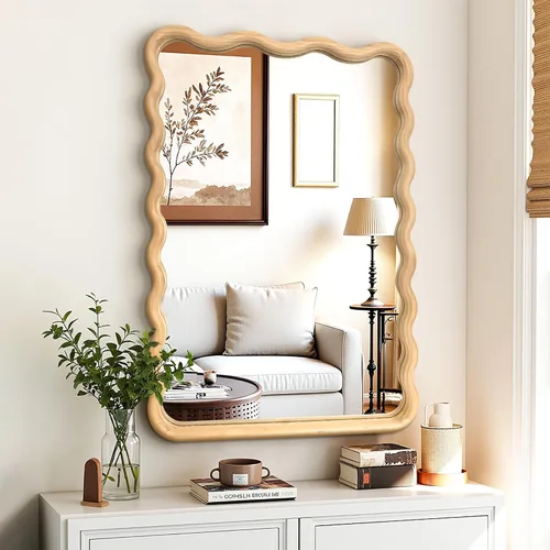 Miniatura 9 de Espejo de baño para pared, 24 pulgadas, redondo, bohemio, ondulado, de madera, espejo decorativo grande de cuerpo entero con vidrio templado, espejo