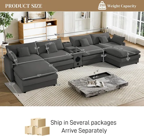 Miniatura 2 de Sofá modular de nube en forma de U de 162.6 pulgadas, sofá seccional para sala de estar, moderno sofá de nube de terciopelo de gran tamaño con Gris