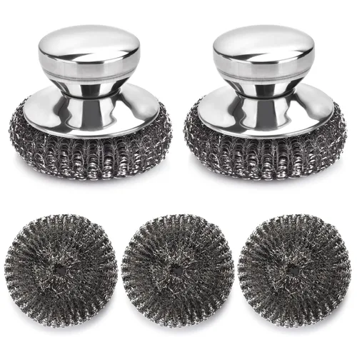 Juego de 5 almohadillas de acero inoxidable, juego de depurador de lana de acero con mango de 2 piezas, depurador inoxidable para limpiar cocina y