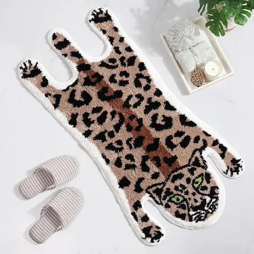 Panstar Tapete de baño de leopardo para baño, tapete de baño de dibujos animados de leopardo marrón, antideslizante, absorbente en forma de animal,