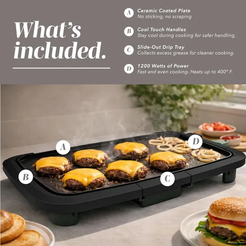 Miniatura 2 de COOK WITH COLOR Plancha eléctrica de 1200 W, superficie antiadherente para panqueques, hamburguesas, huevos y más, control de temperatura extraíble