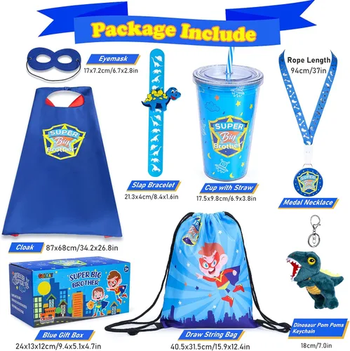 Miniatura 2 de Golray Juego de regalos de Super Big Brother con capa de superhéroe, máscara de ojos de dinosaurio, collar y pulseras con cordón, llavero de felpa