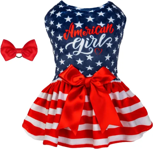 CuteBone - Vestidos de terciopelo para perros del 4 de julio para perros pequeños, mono para mascotas, ropa para niñas, falda de cachorro con lazo,