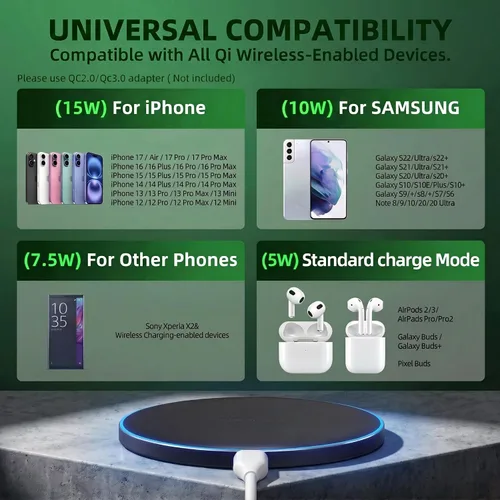 Miniatura 2 de Cargador inalámbrico rápido de 15 W, compatible con teléfonos Samsung S25/iPhone 17/Android y AirPods/Galaxy Buds, almohadilla de carga