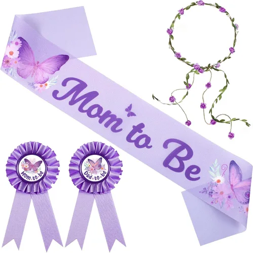 Miniatura 8 de Chunful Butterfly Theme Mom to Be Sash Baby Shower Dad to Be Pin and Flower Crown Headband for Gender Reveals Party Baby Shower Party Favors for