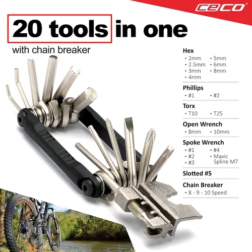 Miniatura 2 de CECO USA - Herramienta de bicicleta de 20 funciones con rompedor de cadena, multiherramienta para bicicleta, resistente, tamaño de bolsillo