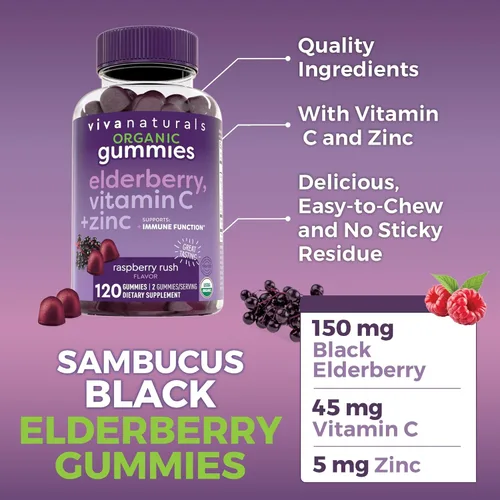 Miniatura 3 de Viva Naturals Gomitas orgánicas de saúco Sambucus para adultos (120 unidades) – Gomitas de apoyo inmunológico de vitamina C y zinc de saúco 3 en 1