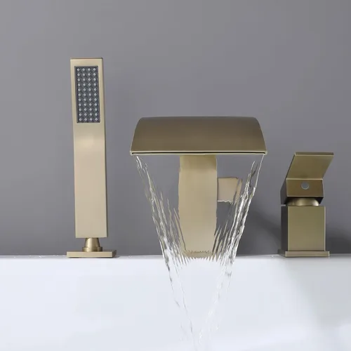 Miniatura 7 de Grifo de bañera romana tipo cascada con ducha de mano, grifo llenador de bañera de montaje en cubierta con rociador, juego de grifería de ducha
