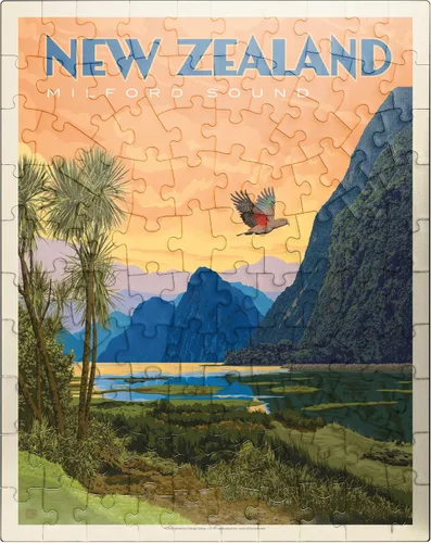 MyPuzzle New Zealand: Milford Sound, Vintage Poster - Rompecabezas prémium de 100 piezas para adultos