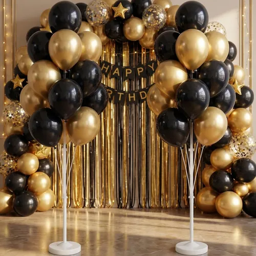 Miniatura 9 de Kit de columna de globos para piso: juego de 2 soportes para globos, con globos cromados metálicos negros y dorados, base y poste, decoración