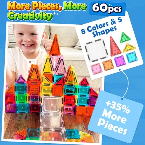 Miniatura 2 de Soyee Mini azulejos magnéticos de viaje, 60 piezas con estuche de lata de metal, juguetes esenciales de viaje, juguetes de viaje para niños