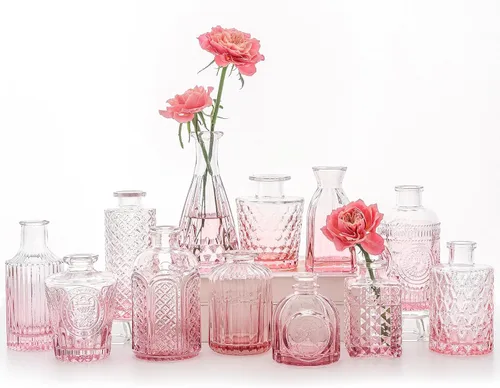 SUPMIND Juego de 12 Jarrones de Cristal para Capullos, Pequeño Jarrón de Flores para Centros de Mesa, Jarrones Rosados para Capullos al Por Mayor,