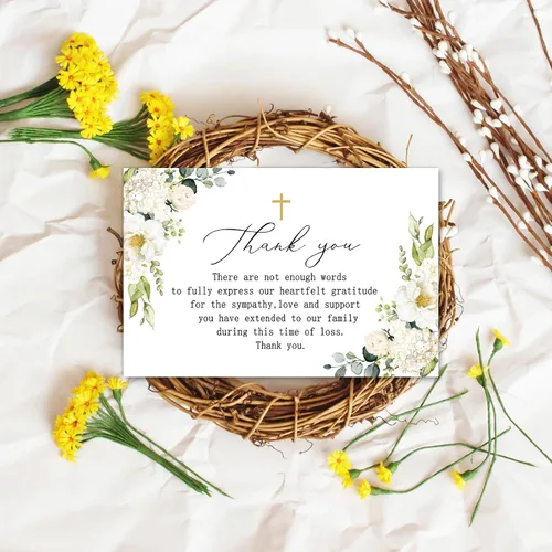 Miniatura 4 de AnyDesign Paquete de 48 tarjetas de agradecimiento fúnebres con calcomanías, sobres, tarjeta de duelo con cruz de flores con mensaje para servicio