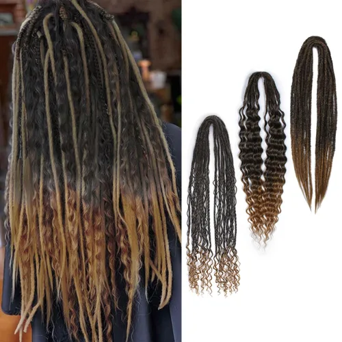 Miniatura 14 de Extensiones de rastas trenzadas bohemias de 24 pulgadas, 10 hebras de rastas sintéticas rizadas color marrón degradado con trenza de caja, rastas