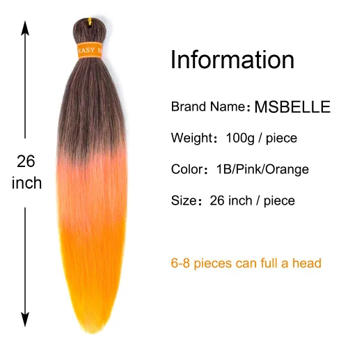 Miniatura 3 de Cabello trenzado preestirado 3.53 oz/paquete, cabello trenzado rosa naranja para trenzar con agua caliente, cabello trenzado degradado