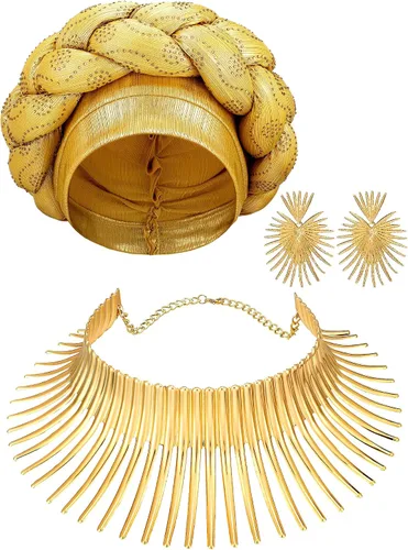 Yinkin Juego de joyas africanas para mujer, para fiestas, doradas, collares, baberos, turbante africano, para fiestas temáticas