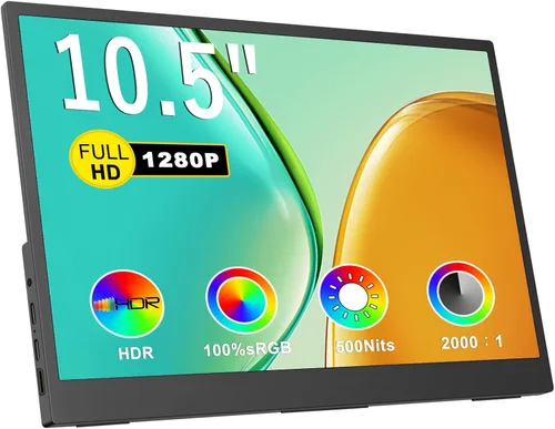 IBW Monitor portátil pequeño de 10.5 pulgadas, 500 liendres 2000:1, pantalla FHD 1280P IPS, mini monitor ultradelgado con soporte y altavoz doble,