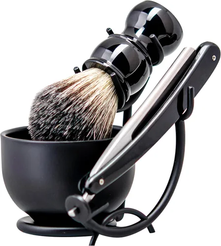 Miniatura 3 de Kit de afeitado con navaja recta Grandslam, navaja recta de acero con afilador de cuero, cepillo de afeitar, cuenco y soporte de afeitar de acero