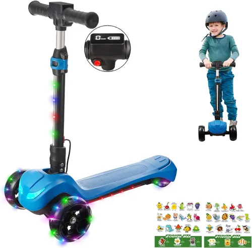 Scooter eléctrico de 3 ruedas para niños de 3 a 8 años, pantalla LCD, luces coloridas, acelerador de pulgar confiable, 3 alturas ajustables, Azul-02