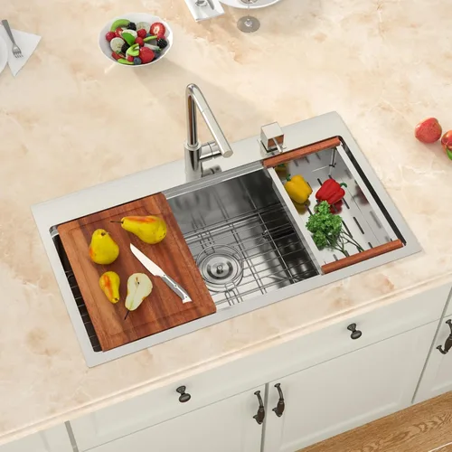 Miniatura 15 de Fregadero de cocina negro de 30 pulgadas empotrado - Fregadero de acero inoxidable 304 de 30x18x9, fregadero de un solo tazón negro de calibre 18