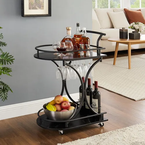 Miniatura 9 de mikibama Carrito de bar industrial de metal móvil de madera para el hogar, pequeño carrito de bar rústico con estante para vino y estantes