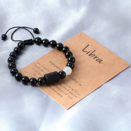 Miniatura 5 de Pulsera con signos del zodiaco para hombres y mujeres, 0.315in, piedra de ónice negra natural, constelación, horóscopo trenzado, pulseras de cuentas