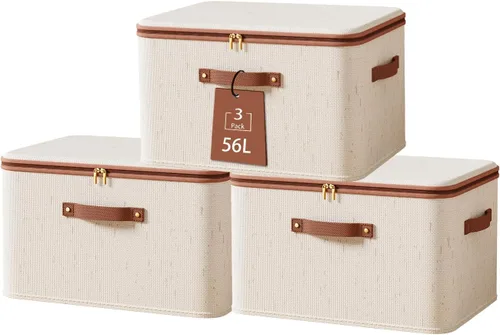 Miniatura 10 de Tuza 3 Piezas Contenedores Rígidos de Almacenamiento con Tapa con Cremallera, Cajas de Almacenamiento de Tela de Lino de Algodón, Cubos