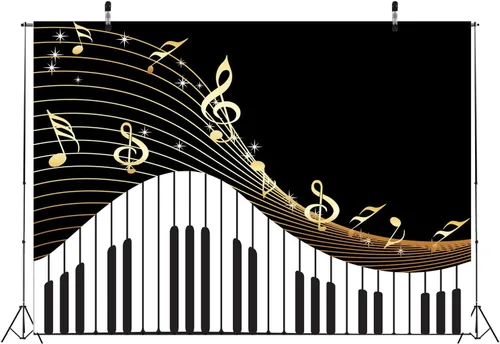 Miniatura 4 de BELECO Telón de fondo de música de piano de tela de 5 x 3 pies, teclas de notas musicales, teclas negras y doradas, fondo de fotografía, teclado