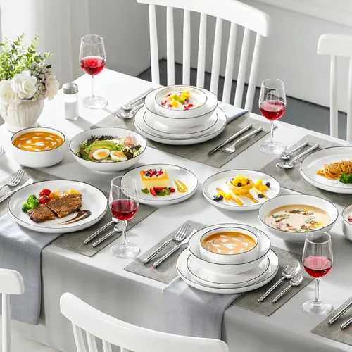Miniatura 5 de MALACASA Juego de platos y cuencos, juego de vajilla de porcelana moderna de 24 piezas para 6 personas, vajilla de cerámica blanca para cocina