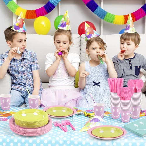 Miniatura 6 de Durony 350 Piezas de Decoración de Fiesta Preppy con Cara Sonriente, Suministros de Fiesta Pastel Incluyen Platos de Papel Sonrientes, Servilletas