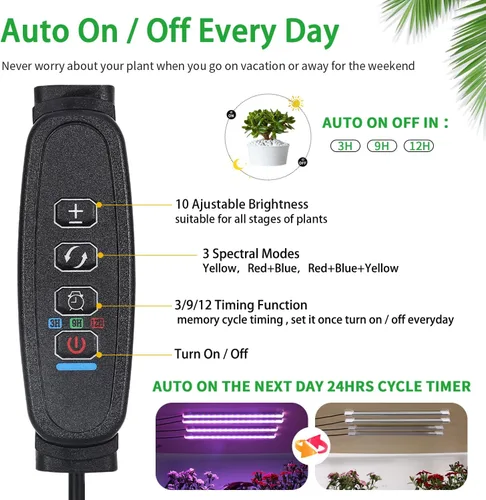 Miniatura 2 de RWNTAO Lámpara de cultivo de cuatro tiras para plantas de interior, tiras de luz LED de espectro completo rojo, azul y amarillo, con temporizador