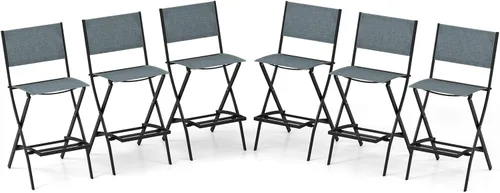 Miniatura 11 de COSTWAY Juego de 4 sillas de bar para patio al aire libre, taburete plegable de altura de mostrador con marco de metal y reposapiés, taburete de bar