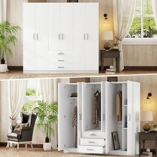 Miniatura 4 de Armario grande de 6 puertas, armario de madera de 70.9 pulgadas de ancho con cajones grandes, armario de dormitorio, vestidor, armario organizador