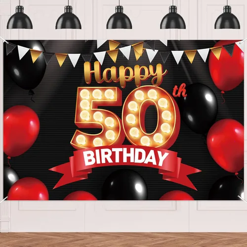 Miniatura 15 de FlagY-Bn-14 - Cartel de feliz cumpleaños número 14, decoración de pancarta negra, telón de fondo dorado, globos rojos y negros, decoración temática
