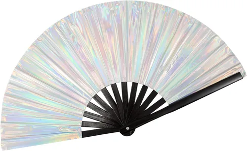 QCWN Abanicos grandes plegables de mano para raves, discoteca, fiesta, decoración del hogar, trajes de arco iris para mujeres y accesorios de Plata