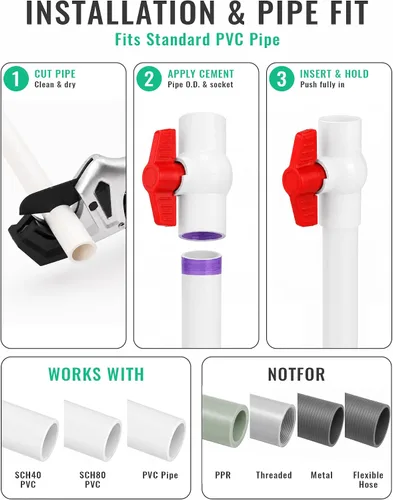 Miniatura 7 de Válvula de bola de PVC de 1/2 pulgada, paquete de 6, válvula de cierre de PVC de 1/2 pulgada con mango en T rojo, válvula de agua de PVC para líneas
