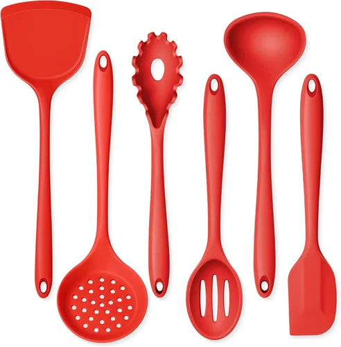 Onader Juego de utensilios de cocina de silicona, juego de 6 utensilios de cocina rojos, resistente al calor, utensilios de cocina antiadherentes y