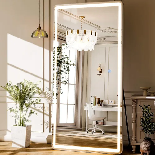Miniatura 11 de GLSLAND Espejo LED arqueado de longitud completa, espejos de pie de cuerpo completo de 65 x 26 pulgadas con luz para dormitorio/guardarropa