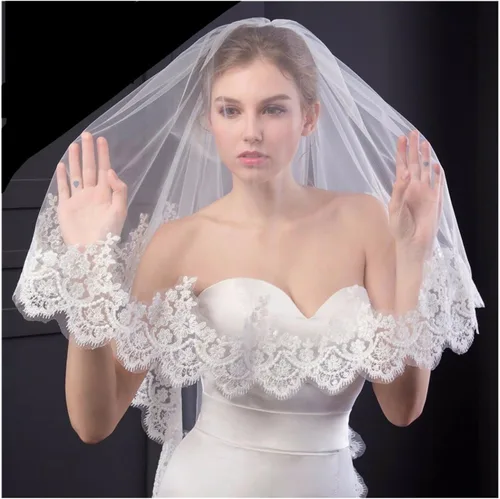 Miniatura 4 de Accesorio de boda para novia velo catedral de marfil 2 niveles borde de encaje de lentejuelas de tul suave con peine color blanco longitud