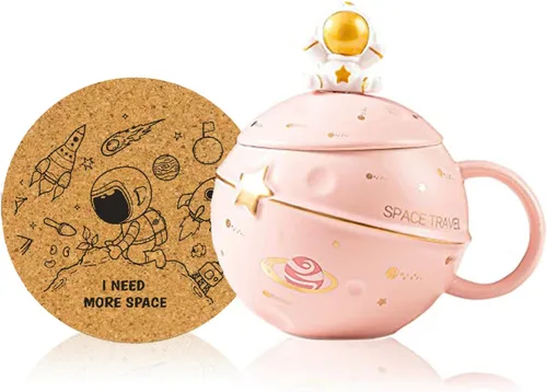 Yalucky Taza Kawaii de astronauta con diseño de planeta en relieve del espacio, bonita taza de café de cerámica, taza novedosa con tapa y cuchara