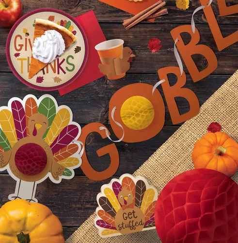 Miniatura 3 de Stephanie Imports Juego de 3 kit de decoración tradicional de mesa de Acción de Gracias y hojas de otoño de papel (calabazas en panal y pavo)