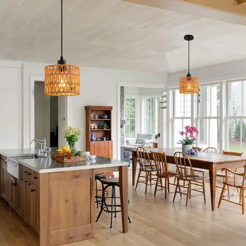 Miniatura 7 de Lámpara Colgante Tejida Candelabro Bohemio, Luces Colgantes de Ratán Isla de Cocina, Iluminación Colgante de Granja con Pantalla de Mimbre Tejida a