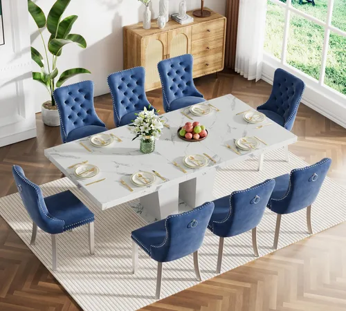 Miniatura 44 de Juego de mesa de comedor extensible de 5 piezas, juego de mesa de comedor extensible de estilo granja para 4, mesa de cocina expandible de madera
