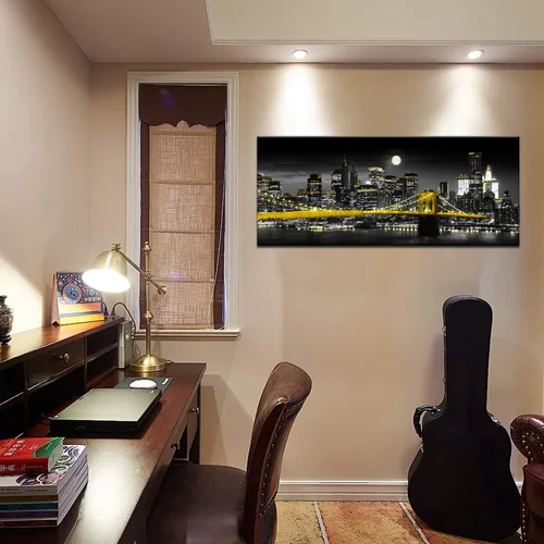 Miniatura 3 de Biuteawal Impresión en lienzo amarillo en blanco y negro de la ciudad de Nueva York, puente de Brooklyn en la noche de la luna, pintura fotográfica