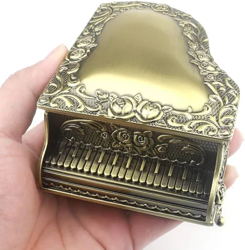 Miniatura 24 de ROSIKING Caja de música de aleación de metal en relieve en forma de corazón azul, caja musical antigua para joyería con cuerda, regalos