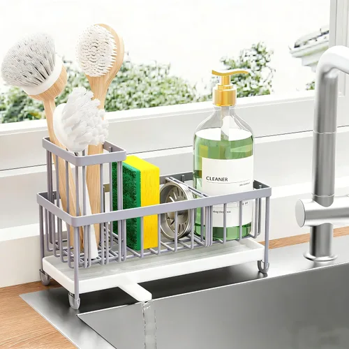 Miniatura 30 de Cisily Soporte de esponja negro extra grande para fregadero de cocina, organizador de fregadero con soporte alto para cepillos, organizadores
