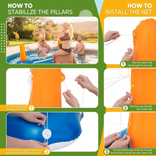 Miniatura 14 de Juego de voleibol de piscina de 118 pulgadas, cancha de voleibol inflable con 2 bolsas de peso, pelota de PVC y bomba mejoradas, divertidos
