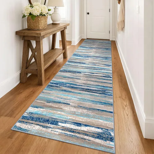 Miniatura 55 de Lansny Alfombra moderna abstracta de 2 x 5 pies, color negro, gris, blanco, lavable, alfombra de entrada para cocina, alfombra antideslizante suave