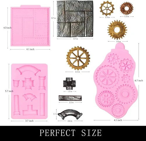 Miniatura 2 de Steampunk Gear - Moldes de silicona, 3 paquetes de tubería de agua remachada placa de metal molde de chocolate para decoración de pasteles