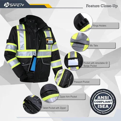 Miniatura 5 de JKSafety Chaqueta bomber de invierno reflectante 3M impermeable de alta visibilidad con 10 bolsillos, color negro, bolsillo seguro para tableta